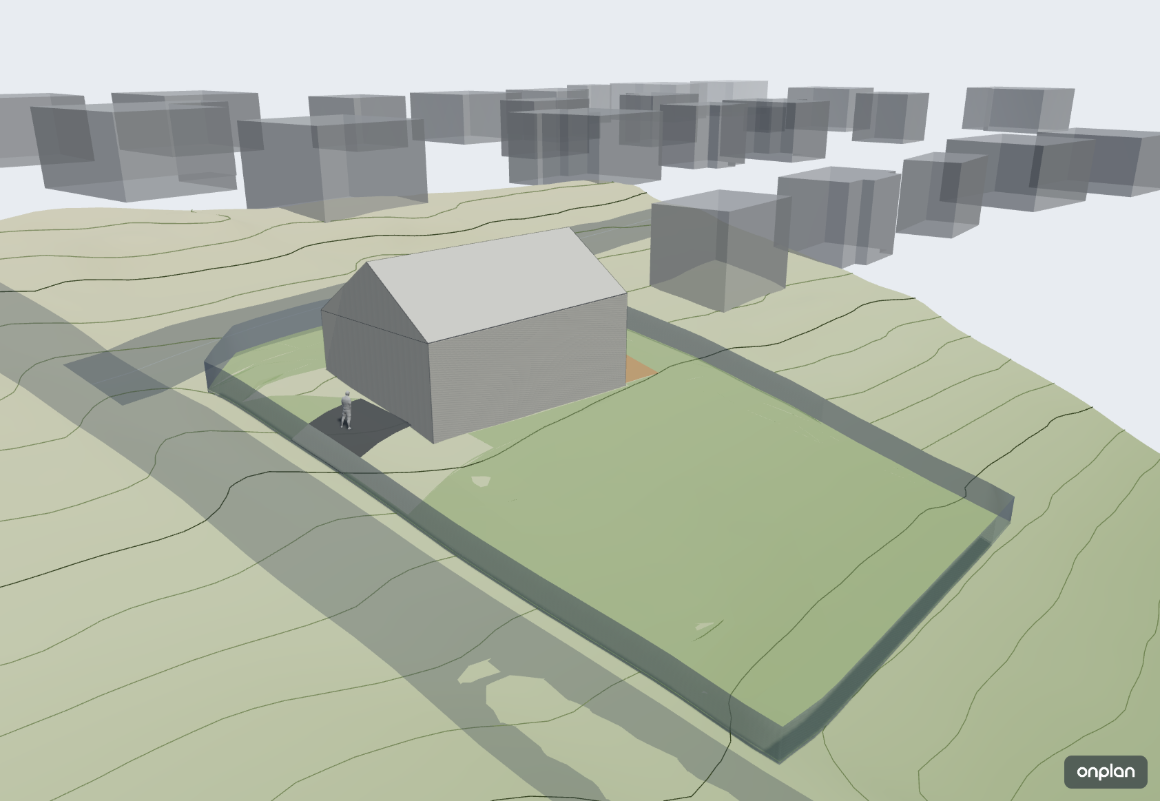 Model koncepcyjny 3D bryły budynku na działce